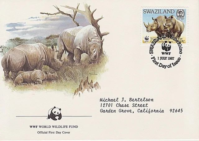 Swaziland 1987 4 Fdc - White Rhinoceros - 2 Adults, Adult & Calf, Wwf