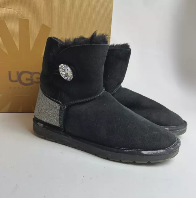 UGG Boots Black Suede Shearling Mini Bailey Button Bling Silver Glitter sz 9 KC