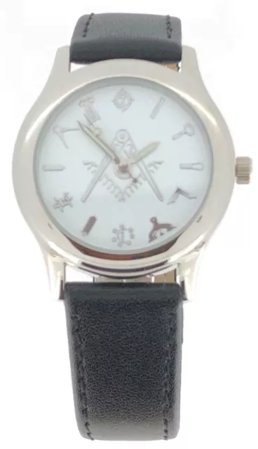 New Masonic Mason Square And Compass Quartz Wrist Watch With Black Leather Band