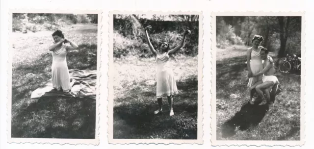 Snapshots, lot de 3 photographies anonymes, couple au parc, amoureux, années 40'