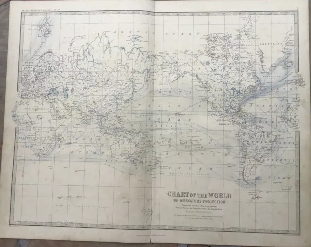 1861 Original A.K.Johnston Map - CHART OF THE WORLD - Ocean Currents & Distances