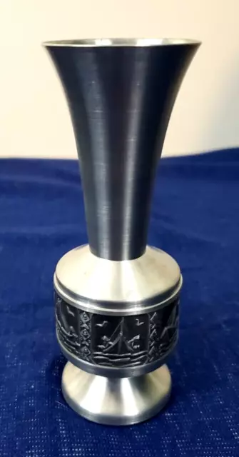 Vintage Norway / Norwegian Selandia Pewter Style Vase Viking Art Etched 5.75”