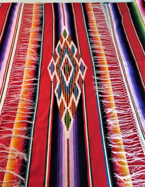 Vintage MEXICO Wool Serape Blanket LARGE 66"X96" Minty Condition