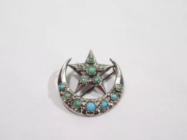 Ancienne Broche Orientale Turquoise Argent Massif Poincons Bijou Ethenique