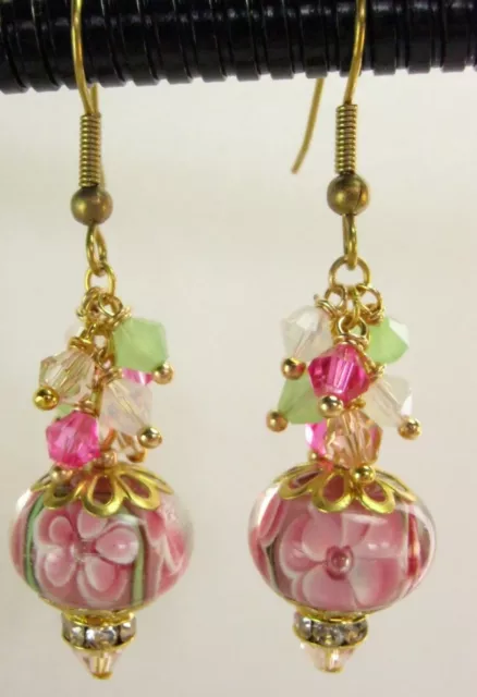 Pink Lampwork Glass Earrings Handmade Floral Glass Crystal w Swarovski Elements