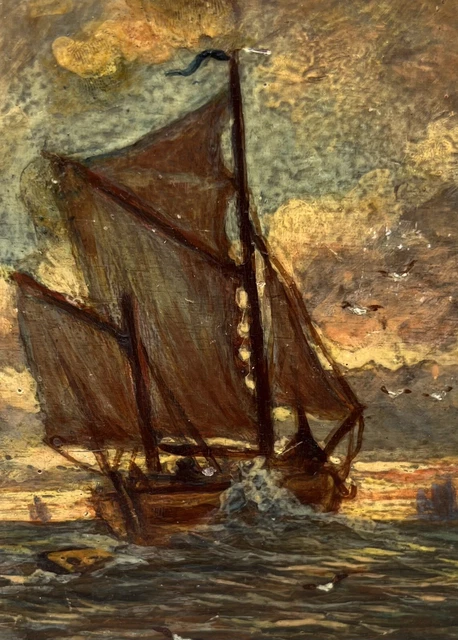 Antique Oil Landscape Sea Marine Boat Sailboat Wave Sky Cloud Signed 2