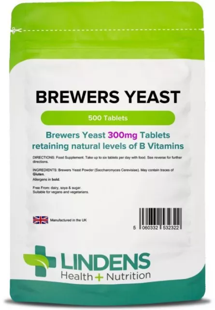 Brewers Yeast 300mg X 500 Tablets B Vitamins Vegetarian Vegan Lindens UK