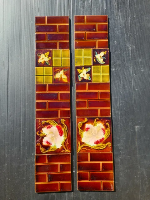 Superb Set of Antique Majolica and Brick Fireplace Tiles, early 1900s