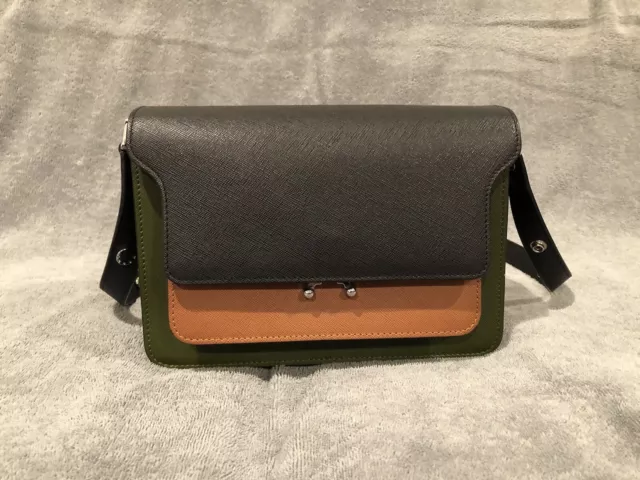 Preowned MARNI TRUNK MEDIUM BAG IN BLACK, GREEN AND BROWN SAFFIANO LEATHER