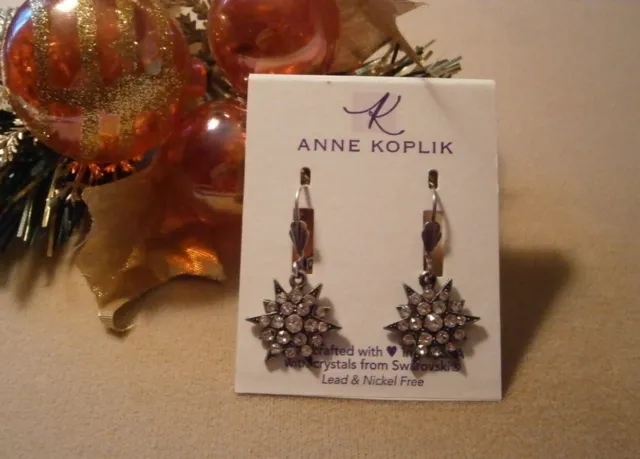 Anne Koplik Silver Tone Swarovski Clear Crystal Snowflake Starburst Earrings NWT