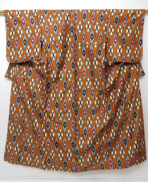 1129T07z630 Vintage Japanese Kimono Silk MEISEN KOMON Orange-Brown