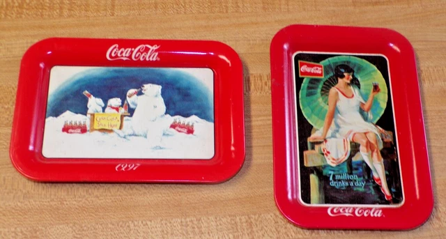 2 Vintage Tin Coke Coca Cola Tip Trays 1995 97 Polar Bear Cubs & Glamour Girl