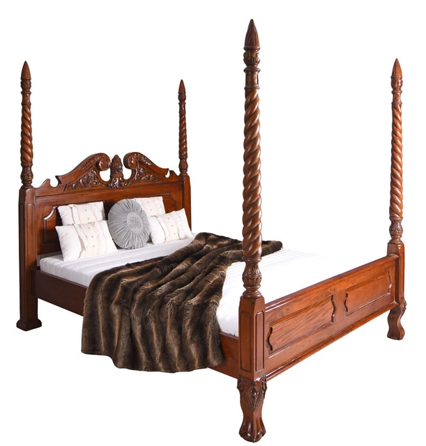 Säulenbett Estilo Colonial Cama Doble Madera Maciza Casa de Campo Matrimonio