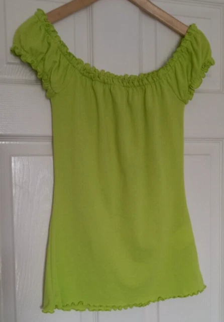 JOE BROWNS Top UK 8 Lime Green Stretch Crimped Hem Elasticated Neckline & Sleeve
