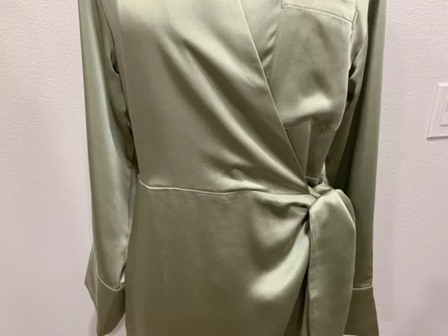 Nwt Jason Wu Satin Light Olive Tie Long Sleeve Midi Dress Size M $375 3