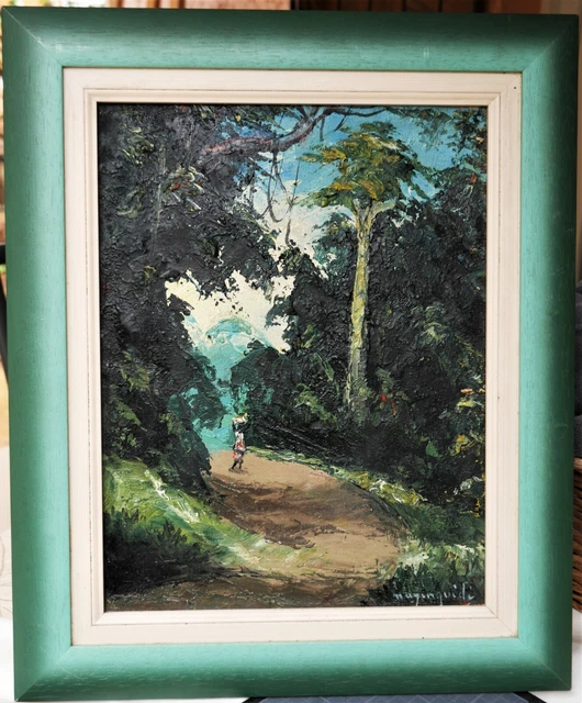 tableau africain signé: femme dans la forêt