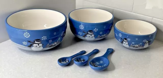 LTD Commodities Winter Snowman Nesting Bowl Set Measuring Spoons New 6 Pieces