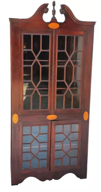 Antique Mahogany Full Display Inlaid Corner China Cabinet Curio LA Area