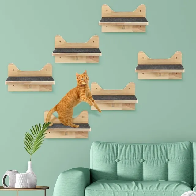 6-PACK Cat Wall Steps Shelf Shelves Wood Cat Climbing Shelves Wall Bed Cat Stair