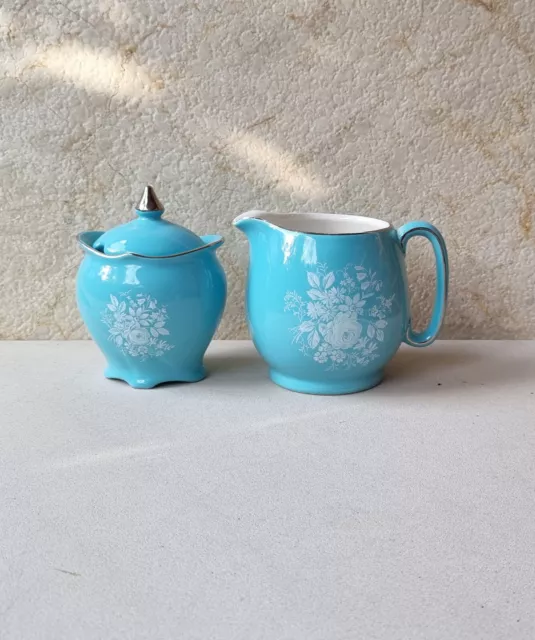 Vintage 60's Royal Winton Grimwades England Turquoise Floral Creamer & Sugar Duo