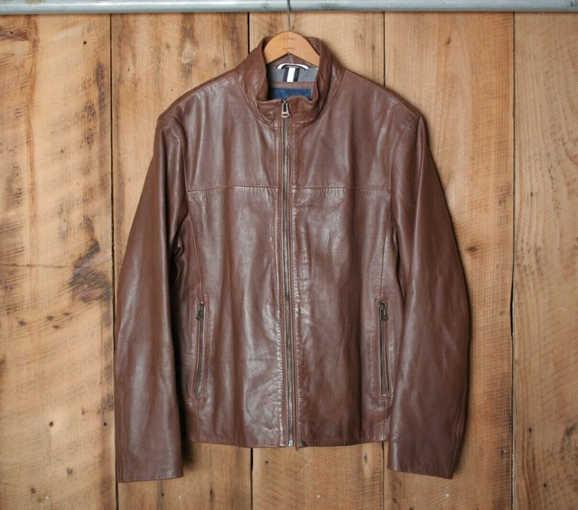 COLE HAAN Cognac Brown Leather Moto Jacket Men's Sz. M COLE HAAN Cognac Brown Leather Moto Jacket Men's Sz. M