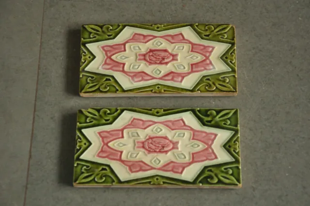 2 Pc Vintage FM Mark Star & Flower Embossed Colorful Ceramic Tiles,Japan