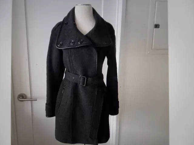 Burberry Brit Wool Trench w/Belt & Leather Trim size 6/S Dark Gray and Black.