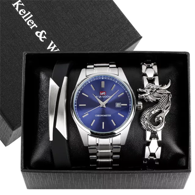 Luxury Men's Business Watch Date Display Quartz Watches with Casual Bracelet Box