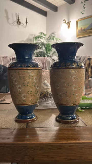 Pair Of Royal Doulton Slaters Patent Vase Gold & Cobalt Blue 1902-1922