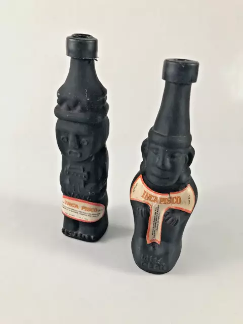 Lot of 2 Empty Vintage Inca Pisco Mini Bottles Matte Black Glass Lima Peru