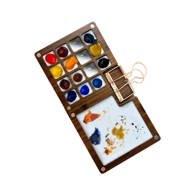 Pallet acquerello portatile, tavolozza libro di schizzi 15 colori, scatola pallet in legno, Re E6W6