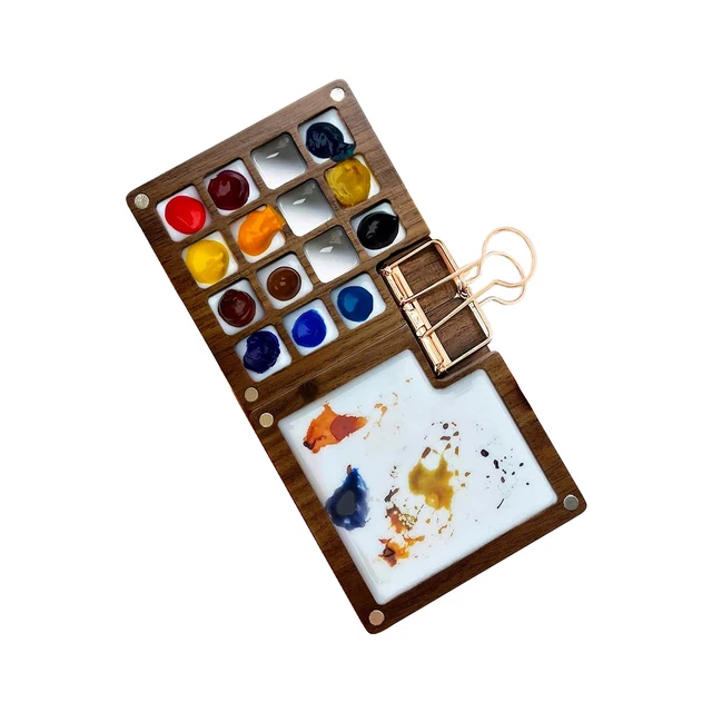 Pallet acquerello portatile, tavolozza libro di schizzi 15 colori, scatola pallet in legno, Re E6W6