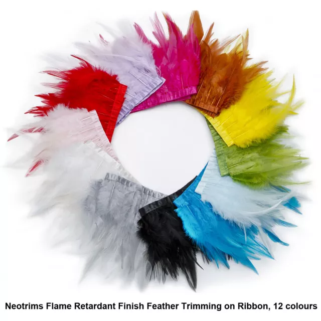 Neotrims REAL Feather Flame Retardant Trimming Fringe, Satin Ribbon, 12 colours