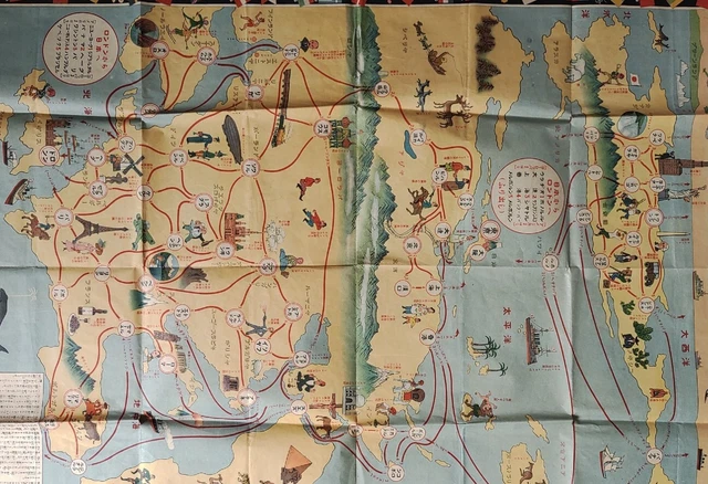1926 WORLD PICTORIAL MAP Around world Sugoroku GAME ZEPPELIN NEW YORK CHINA