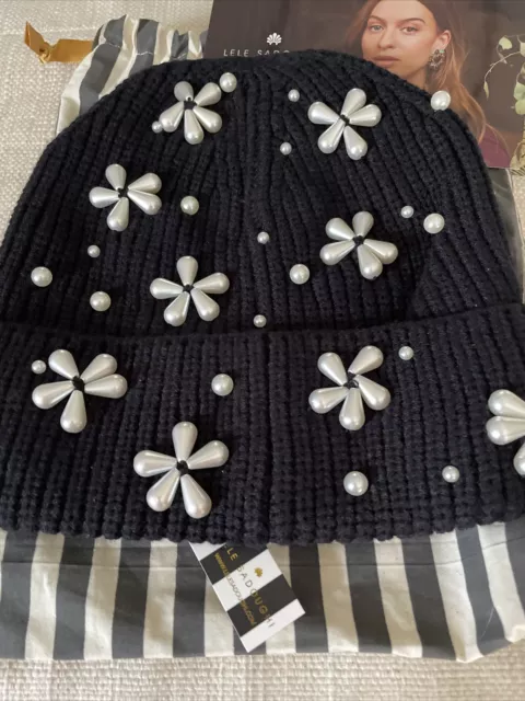NWT Lele Sadoughi Pearl Snowflake Beanie Stocking Winter Hat w. bag Black SALE!