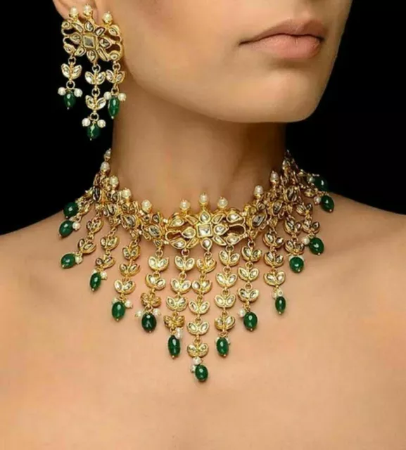 Nuevo Último Kundan Pendientes Oro Chapado Verde Cuentas Moda Collar Joyería Set