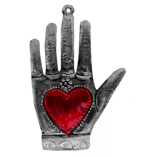 Tin Ornament Heart in Hand Fatima Hamsa Milagro ExVoto Mexican Folk Art