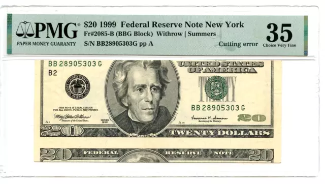 1999 $20 Federal Reserve CUTTING ERROR Note VF-35 PMG LOOK!! RARE! NO RESERVE!