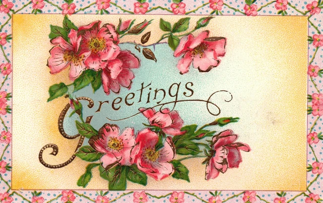 Vintage Postcard 1910 Greetings Card Beautiful Pink Flowers Bloom Floral Artwork