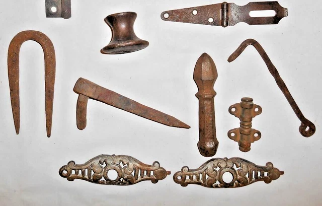 Lot of 8 Antique Wrought Iron Cast Hinge Handle Latch stove Fence Post Hardware