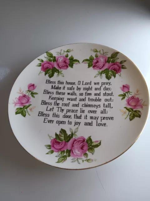 Lefton Hand painted china 6731 Bless This House plate pink roses religion Japan