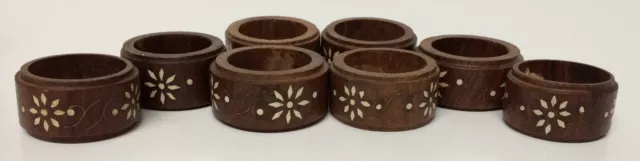 8 Vintage Wooden Napkin Rings White Inlay Floral Flowers Made In India