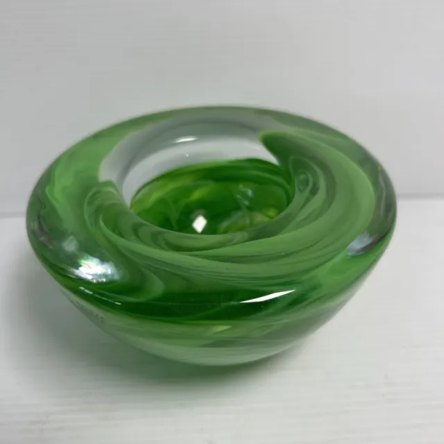 Kosta Boda Glass Atoll Candle Holder Lime Green Swirl Bowl Votive Ann Ehrner