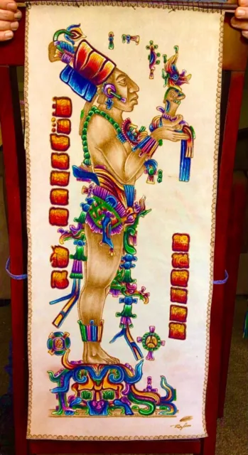 Mexico Mayan Pyrography Leather Painting Chan-bahlum Signed VERY RARE 28x13”