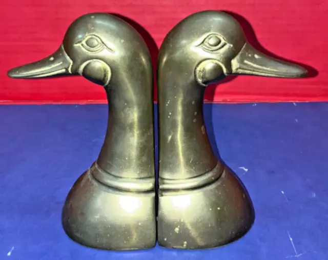 Vintage Solid Brass Metal Pair Mallard Duck Head Bookends - 1.5 lbs. Each