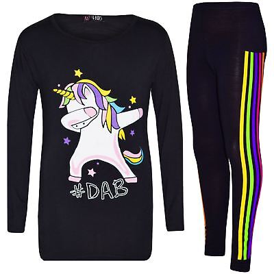 Kids Girls Rainbow Unicorn Dab Floss Black Top & Legging Xmas Outfit Set 7-13 Yr