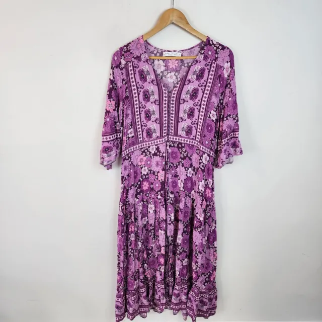 Salty Bright Dress Womens 12 Purple Floral Drawstring Waist Boho Gypsy Flowy