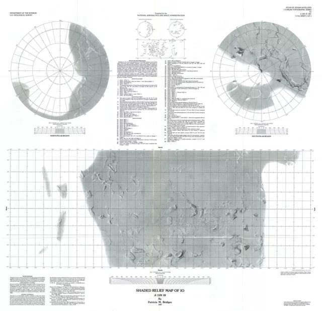 1987 U.S. Geological Survey Map of Io, Moon of Jupiter (showing Relief)