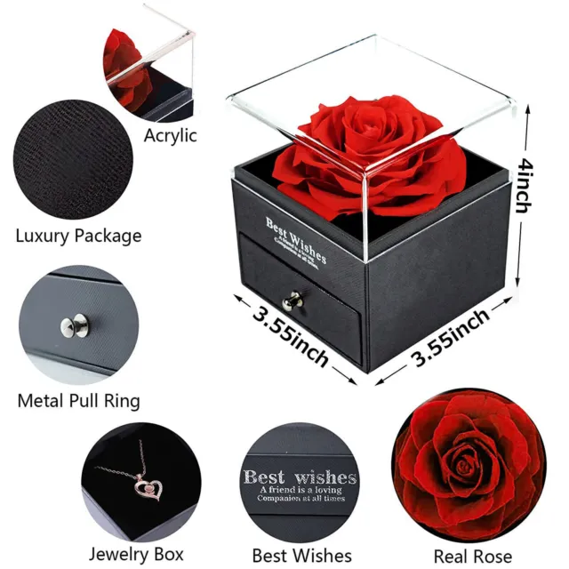 Preserved Real Rose Gift Box with I Love You Necklace Handmade Eternal Flower