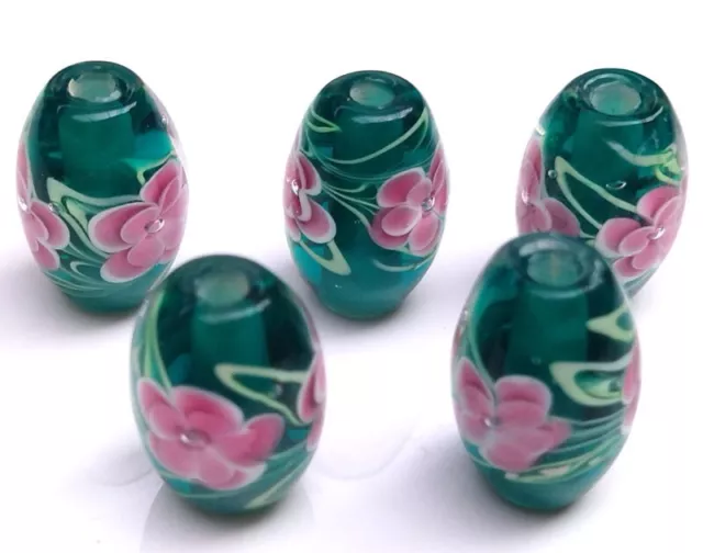 10pcs handmade Lampwork glass drum shape pink flower on green  beads 12*18mm